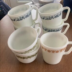 Vintage Pyrex Blue, Green, and Orange Patterned Mugs. 7 different mugs